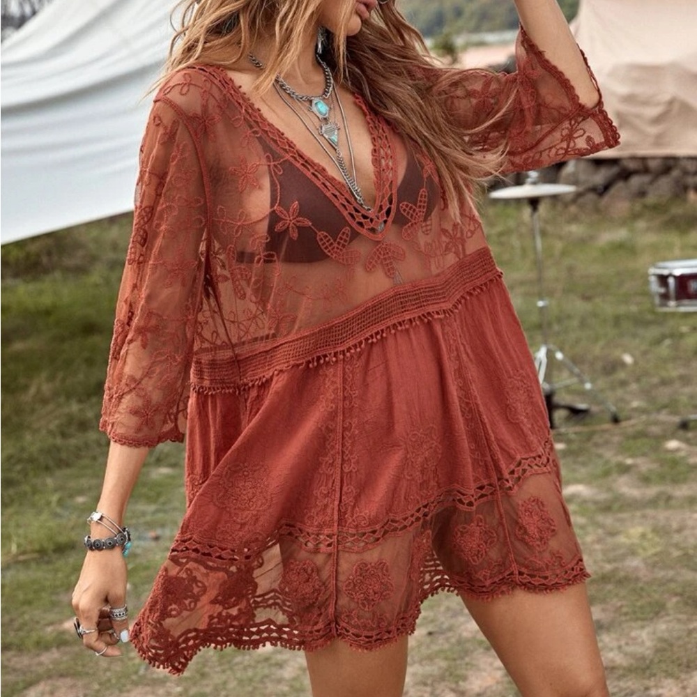 Boho Sheer Mesh Lace Deep V Neck Beach Swim Cover Up - Picture 4 of 16